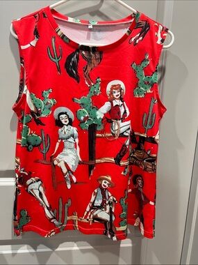 Red Western Print Sleeveless Tank Top